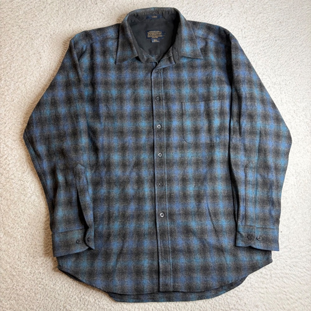 Pendleton Lodge Wool Shirt Mens Large Blue Black Shadow Plaid Flannel Button Up